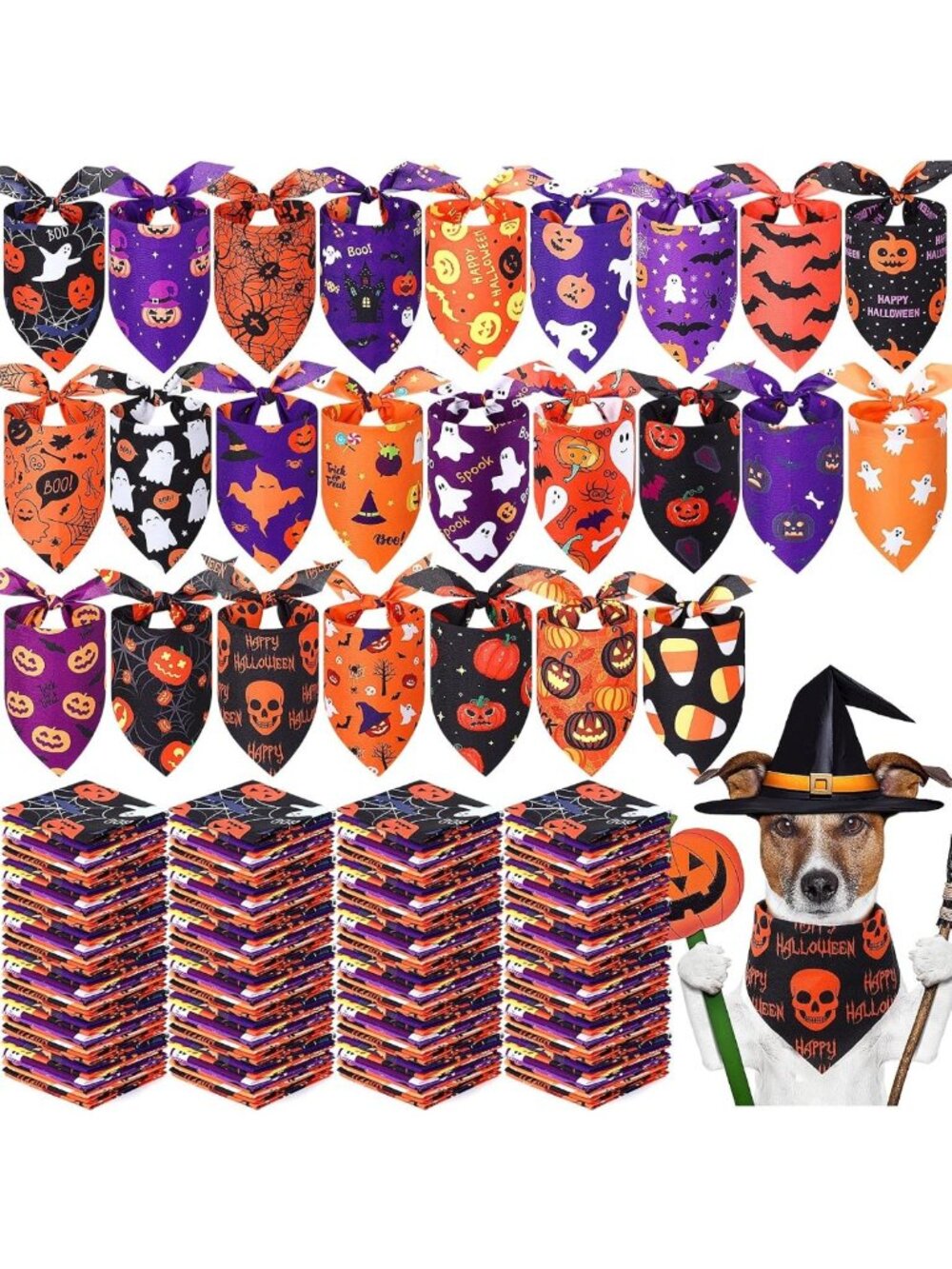 200 Pcs Halloween Dog Bandanas - Pumpkin Triangle Kerchiefs for Costumes